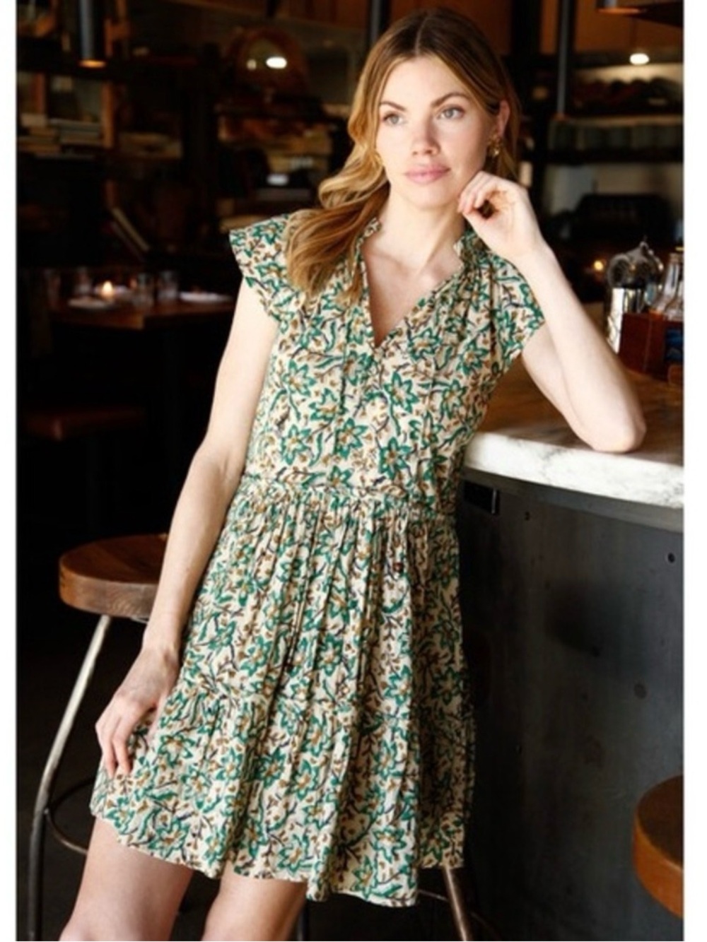 Anna Cate Collection Block Print 100% Cotton Green Floral Ruffle Dress